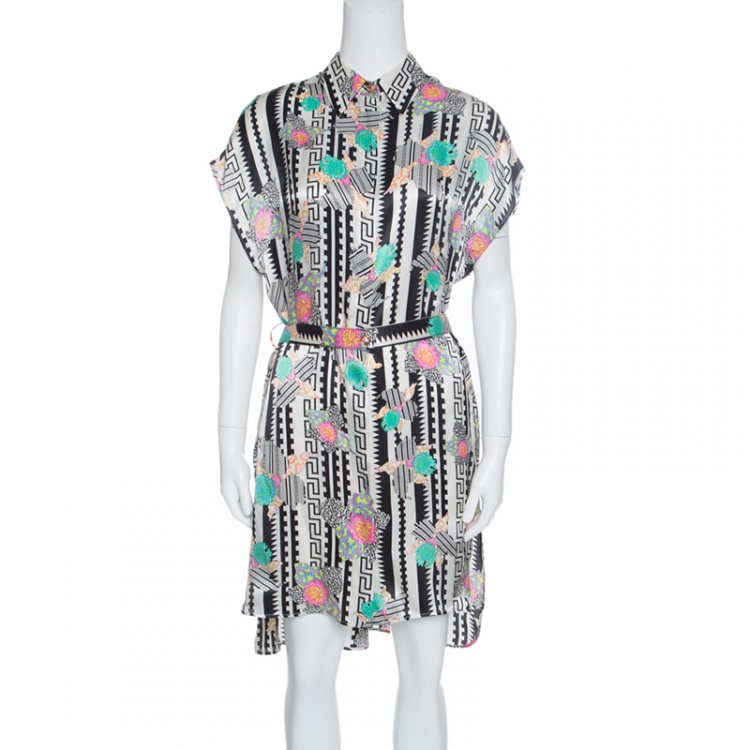 Pre Owned Versace Monochrome Floral Printed Silk Belted Shirt Dress S