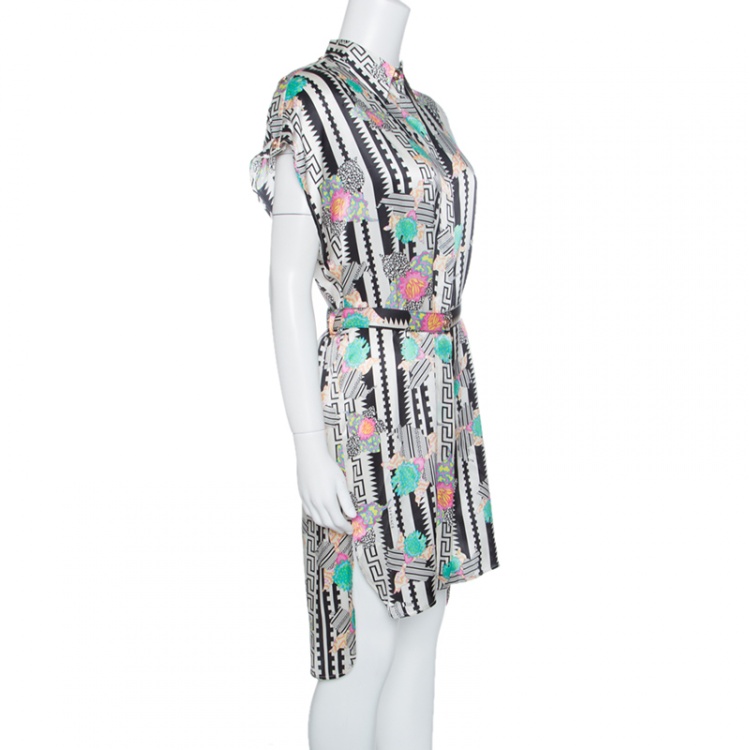 Pre Owned Versace Monochrome Floral Printed Silk Belted Shirt Dress S