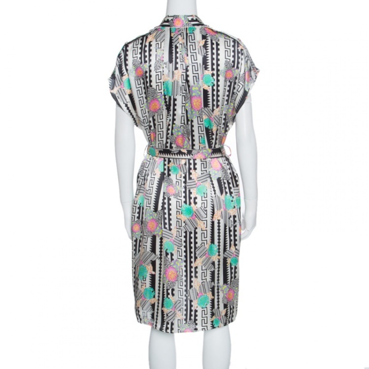 Pre Owned Versace Monochrome Floral Printed Silk Belted Shirt Dress S
