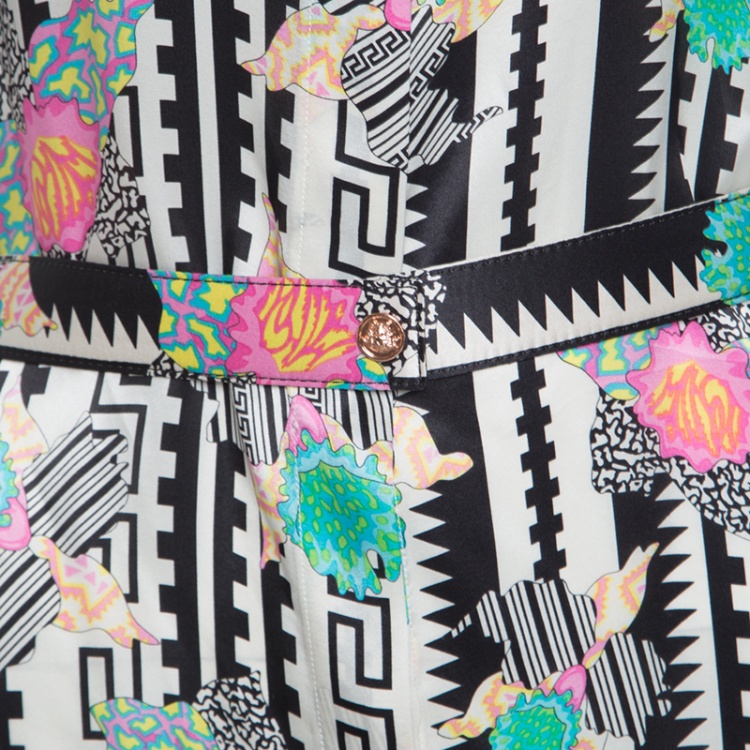 Pre Owned Versace Monochrome Floral Printed Silk Belted Shirt Dress S