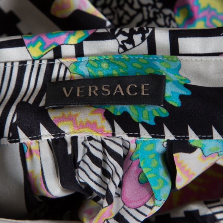 Pre Owned Versace Monochrome Floral Printed Silk Belted Shirt Dress S