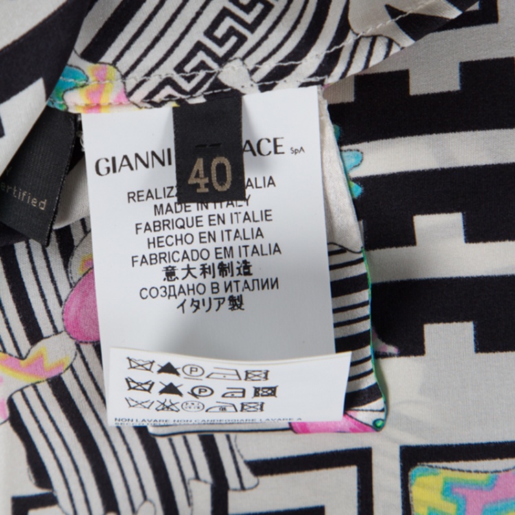 Pre Owned Versace Monochrome Floral Printed Silk Belted Shirt Dress S