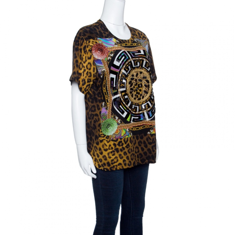 Pre Owned Versace Leopard Printed Silk Embellished Logo Detail Top M