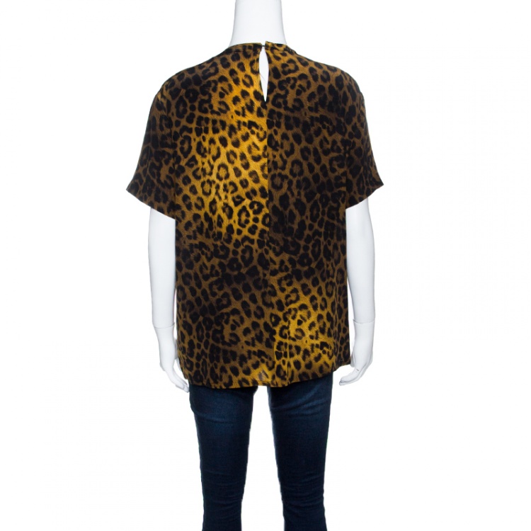 Pre Owned Versace Leopard Printed Silk Embellished Logo Detail Top M
