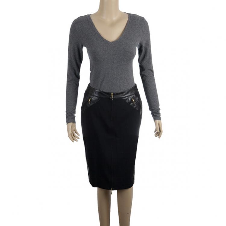 Pre Owned Versace Black Leather Trim Skirt S