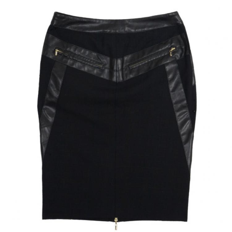 Pre Owned Versace Black Leather Trim Skirt S