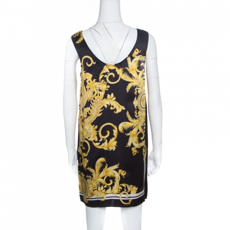 Pre Owned Versace Black Scarf Printed Silk Satin Sleeveless Mini Dress S