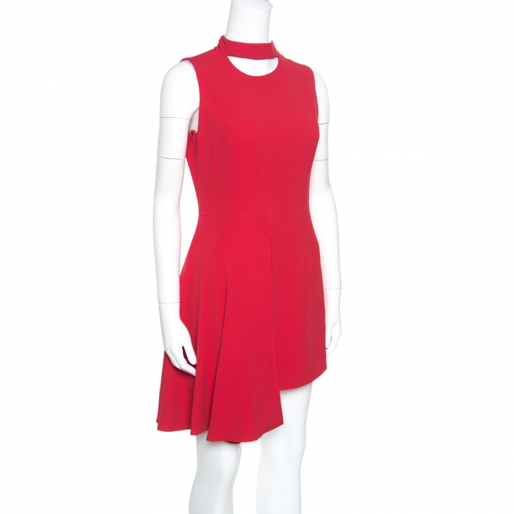 Pre Owned Versace Red Asymmetric Draped Hem Choker Neck Sheath Dress S