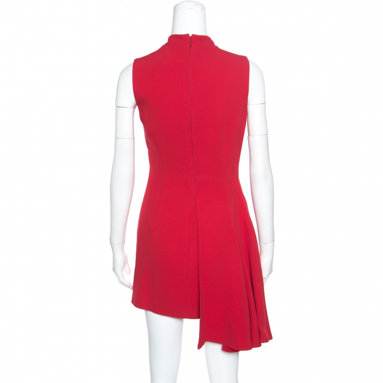 Pre Owned Versace Red Asymmetric Draped Hem Choker Neck Sheath Dress S