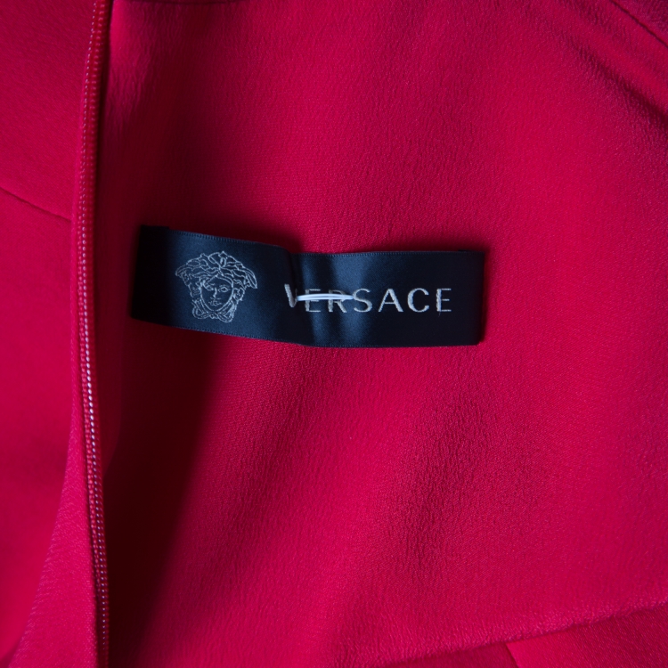 Pre Owned Versace Red Asymmetric Draped Hem Choker Neck Sheath Dress S