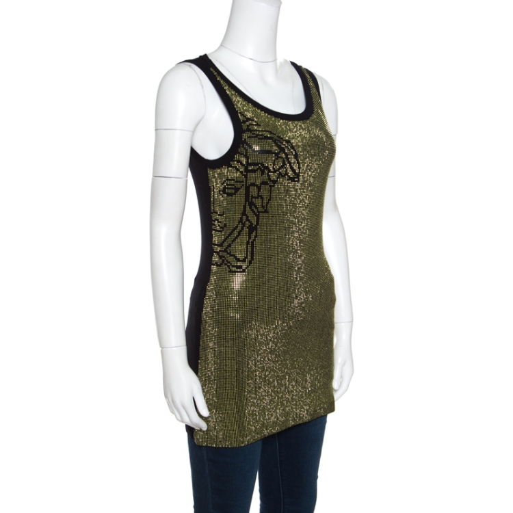 Pre Owned Versace Collection Black Medusa Icon Embellished Tank Top S