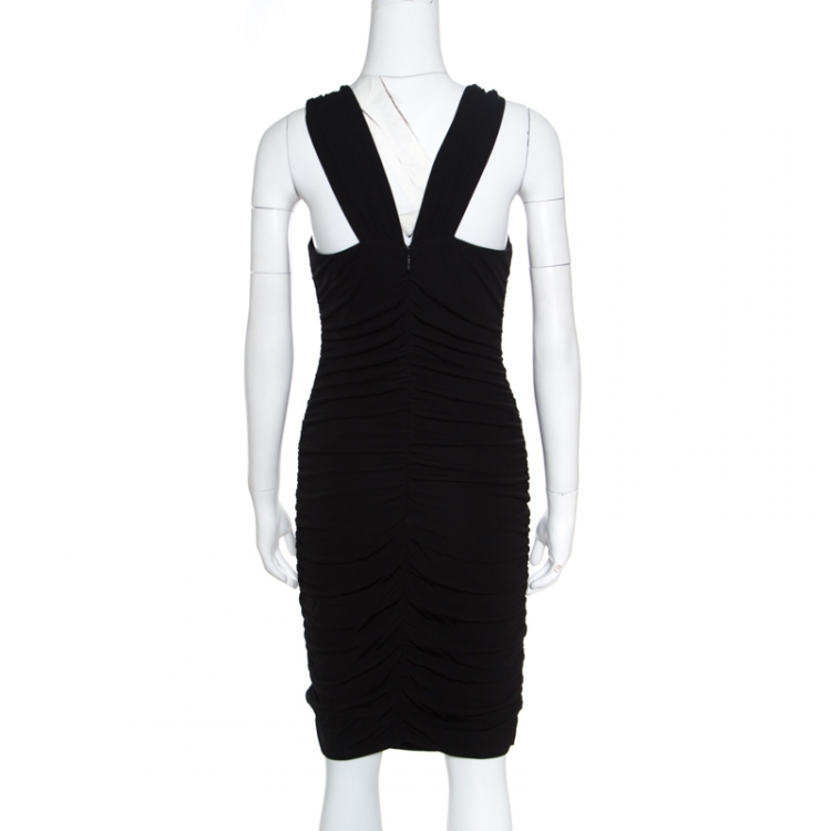 مملوكة مسبقًا Versace Black Ruched Metal Ring Detail Sleeveless Bodycon Dress M