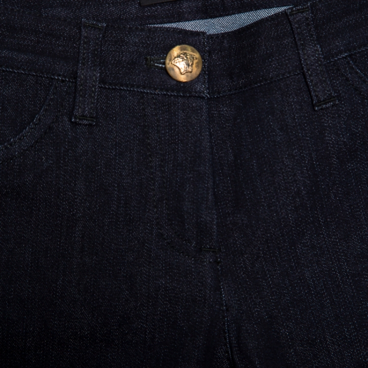 Pre Owned Versace Indigo and Black Dark Wash Denim Paneled Zip Detail Tapered Jeans S