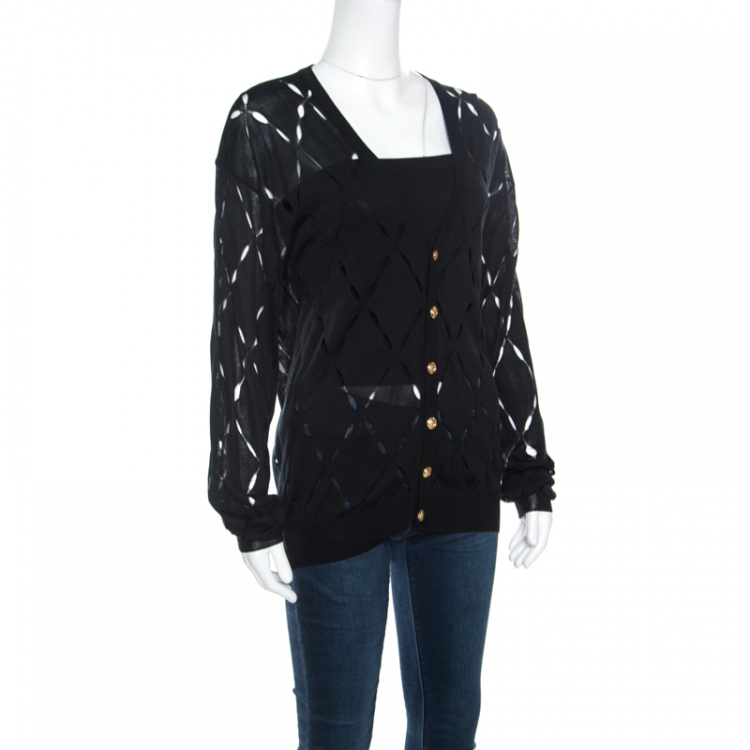 Pre Owned Versace Black Pointelle Knit Button Front Long Sleeve Cardigan XL