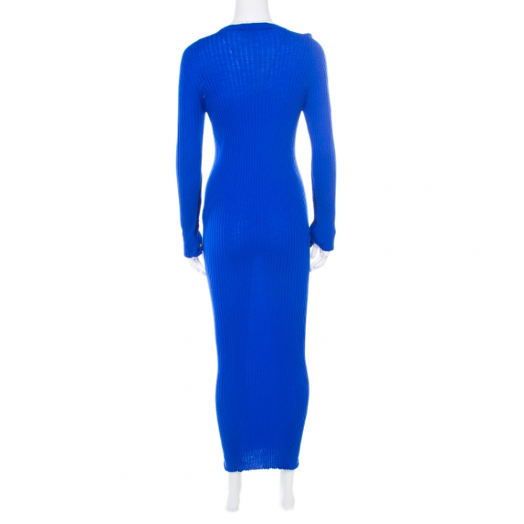 Pre Owned Versace Cobalt Blue Ribbed Wool Knit Medusa Fitted Midi Dress L