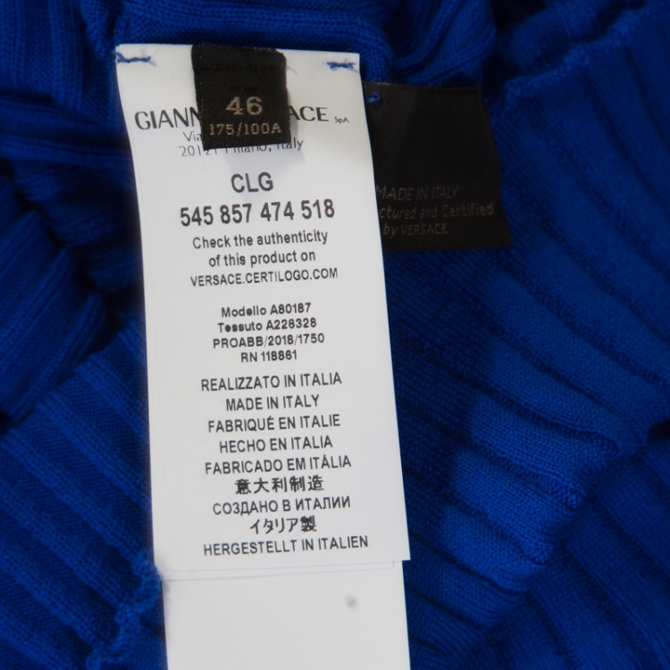 Pre Owned Versace Cobalt Blue Ribbed Wool Knit Medusa Fitted Midi Dress L