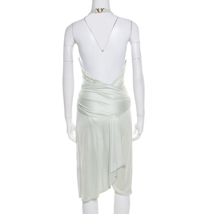 Pre Owned Versace Mint Green Draped Medusa Clasp Detail Halter Dress S