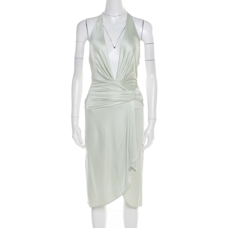 Pre Owned Versace Mint Green Draped Medusa Clasp Detail Halter Dress S
