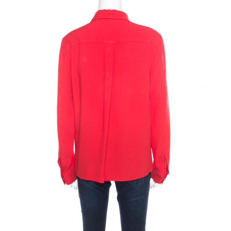 Pre Owned Versus Versace Red Crepe Medusa Button Detail Long Sleeve Blouse M