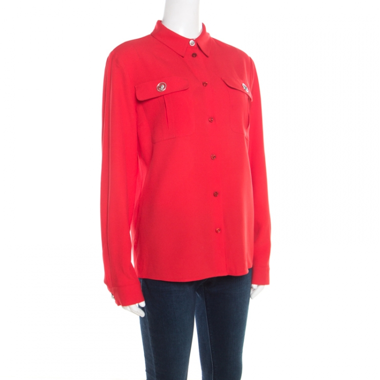 Pre Owned Versus Versace Red Crepe Medusa Button Detail Long Sleeve Blouse M