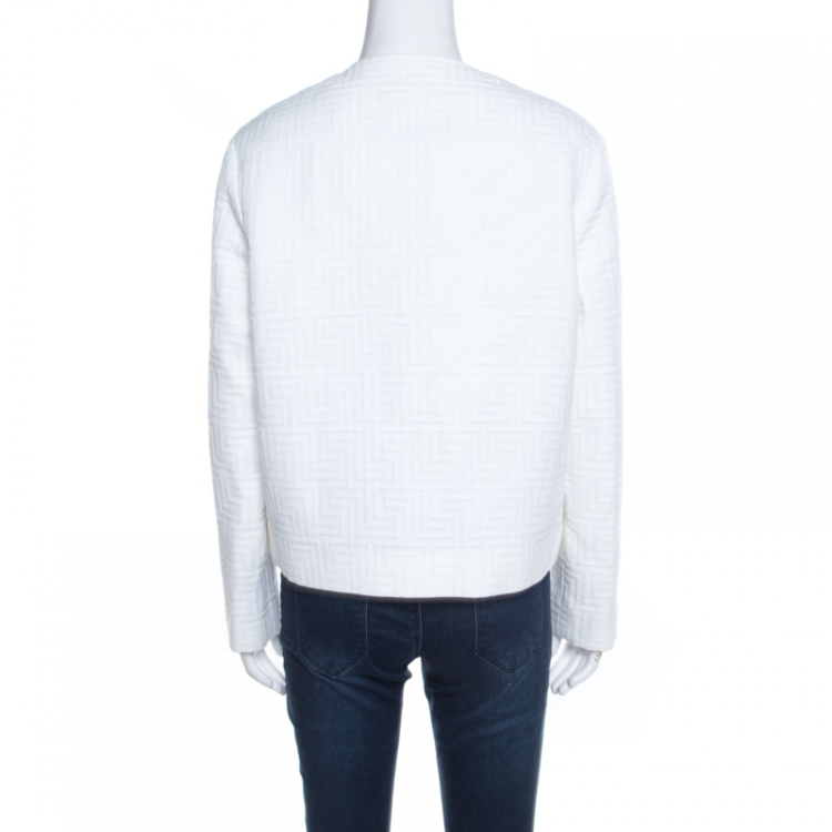 Pre Owned Versace White Cotton Linen Embossed Zip Front Jacket M