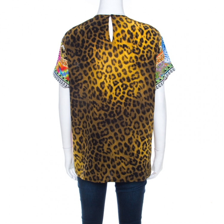 Pre Owned Versace Multicolor Medusa and Leopard Print Silk Boxy Fit Blouse S