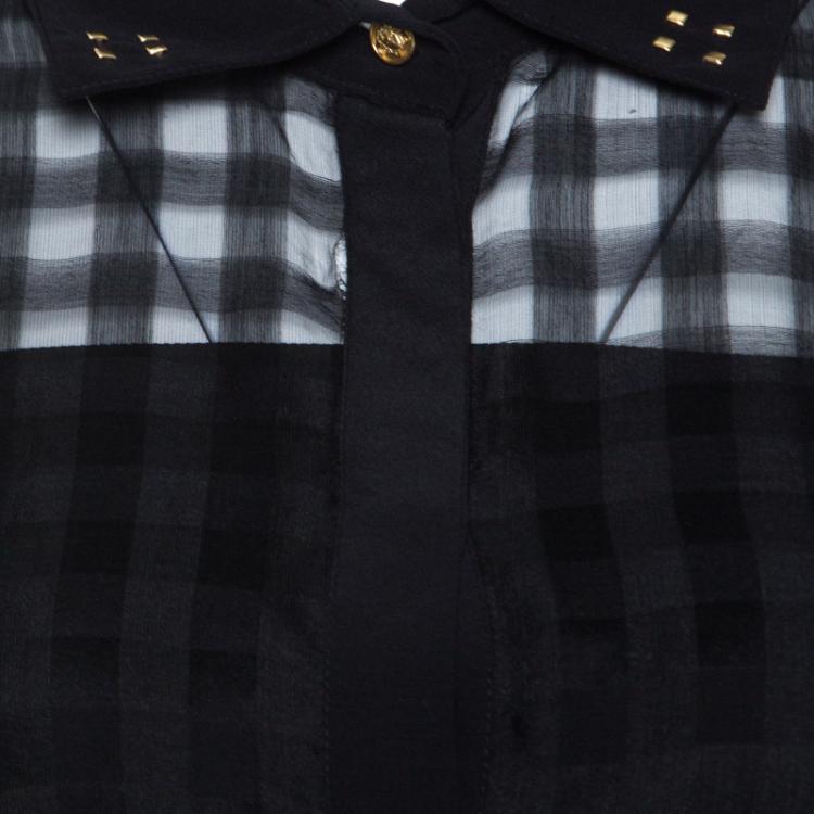 Pre Owned Versace Black Sheer Checkered Cotton Silk Gold Medusa Button Detail Shirt S