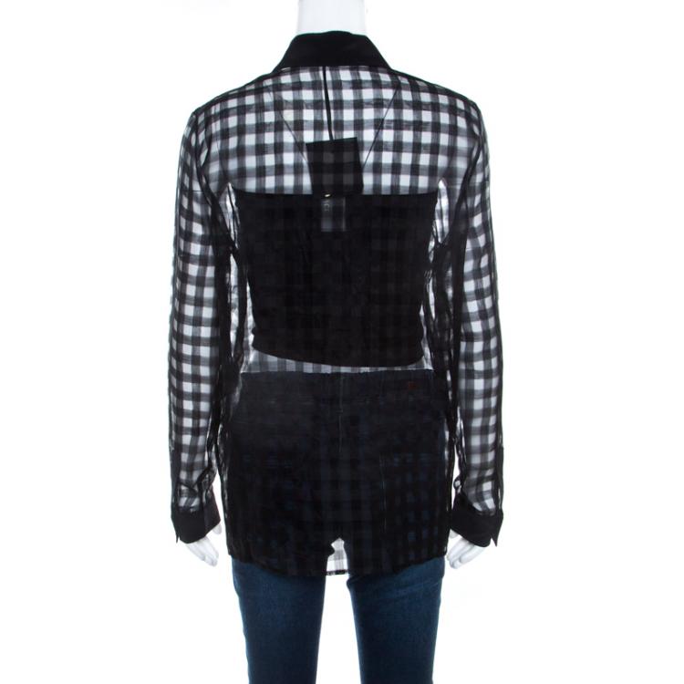 Pre Owned Versace Black Sheer Checkered Cotton Silk Gold Medusa Button Detail Shirt S