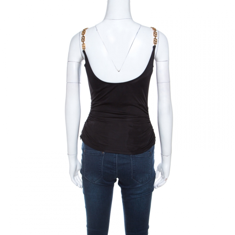مملوكة مسبقًا Versace Black Jersey Gold Logo Chain Strap Detail Top S 