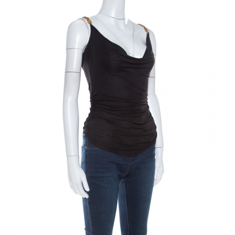 مملوكة مسبقًا Versace Black Jersey Gold Logo Chain Strap Detail Top S 
