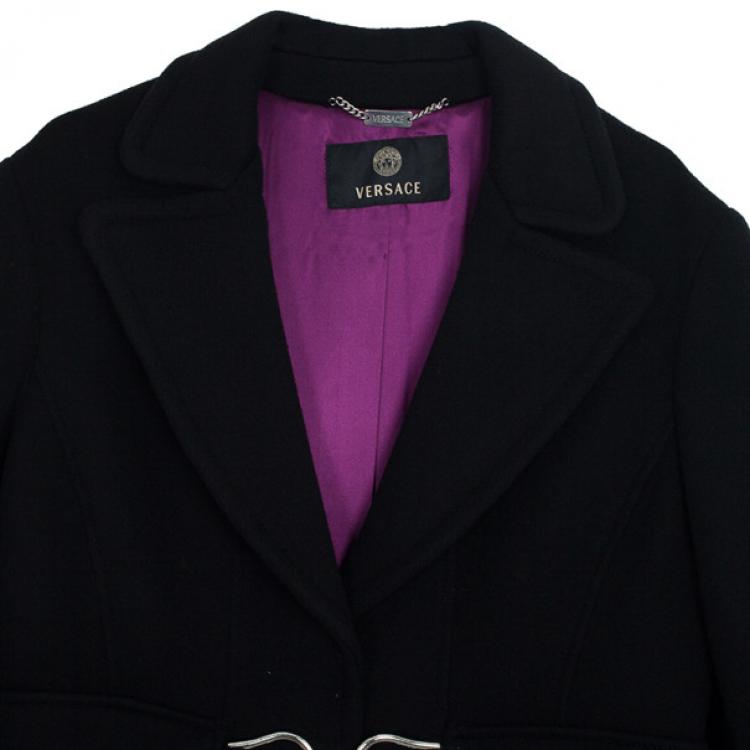 Pre Owned Versace Silver Buckle Black Trench Coat XL