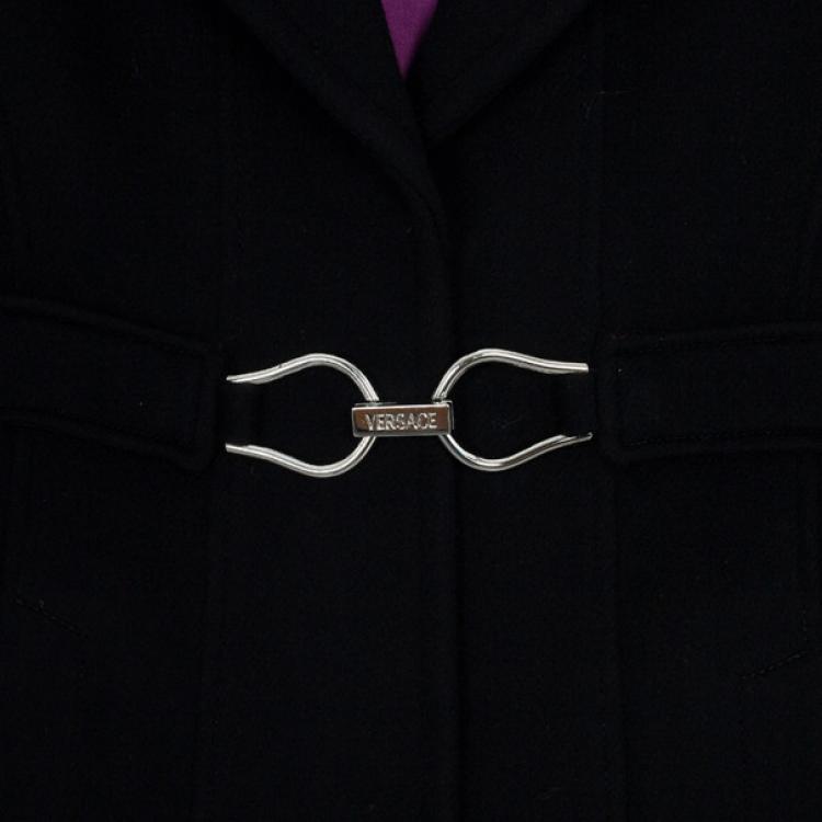 Pre Owned Versace Silver Buckle Black Trench Coat XL