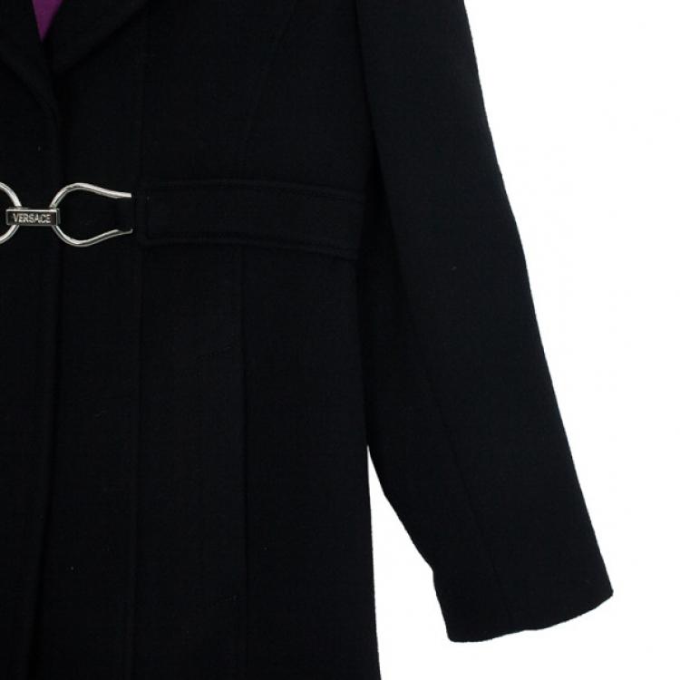 Pre Owned Versace Silver Buckle Black Trench Coat XL