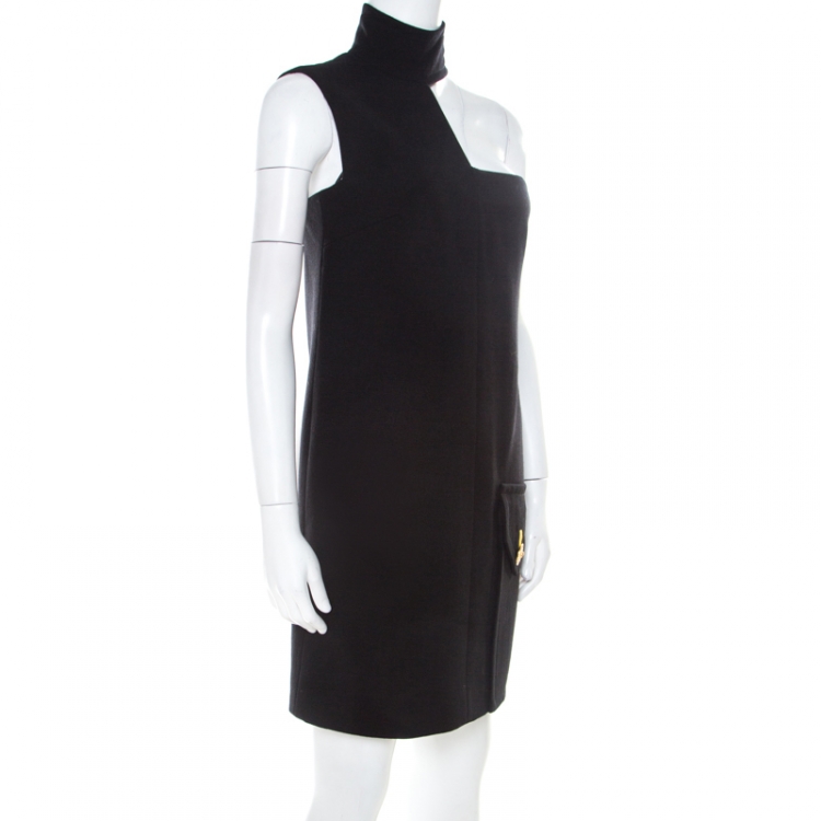 Pre Owned Versace Black Crepe Wool Asymmetric Cut Out Detail Shift Dress S