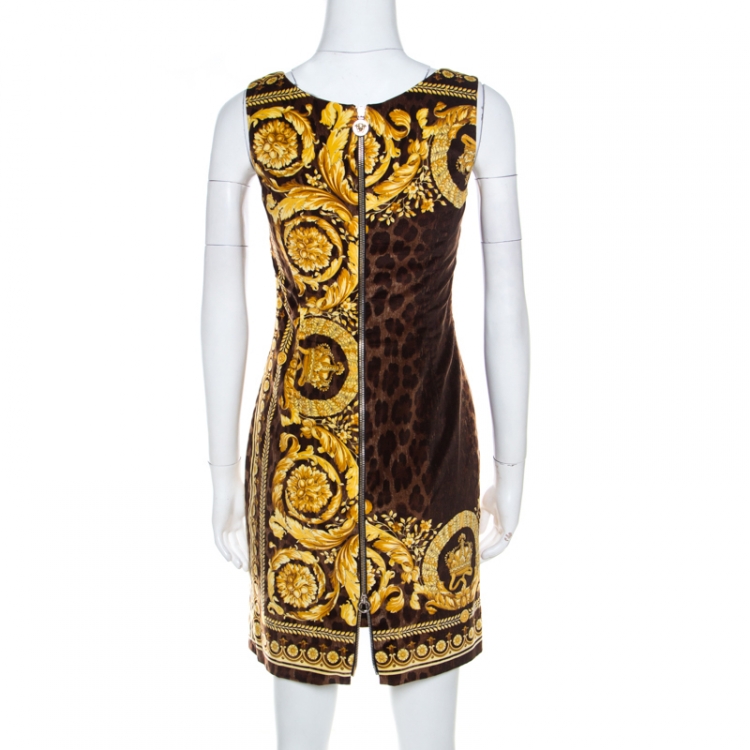 Pre Owned Versace Brown Animal and Baroque Print Velvet Sleeveless Sheath Dress S