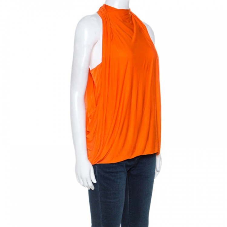 Pre Owned Versace Orange Jersey Draped Halter Neck Top M