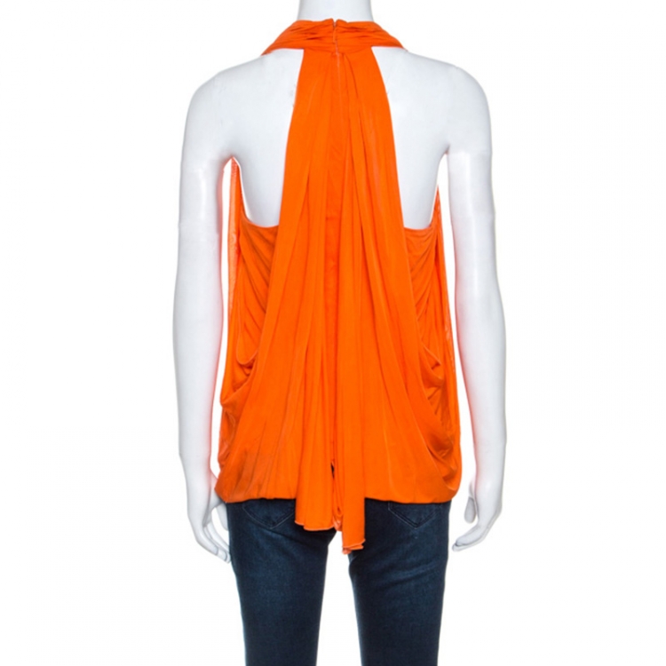 Pre Owned Versace Orange Jersey Draped Halter Neck Top M