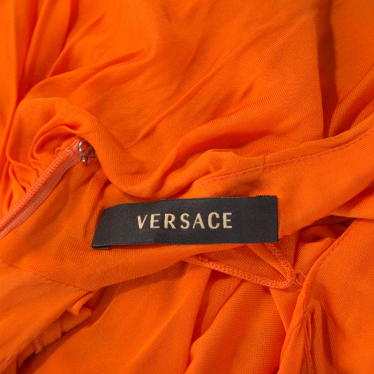 Pre Owned Versace Orange Jersey Draped Halter Neck Top M