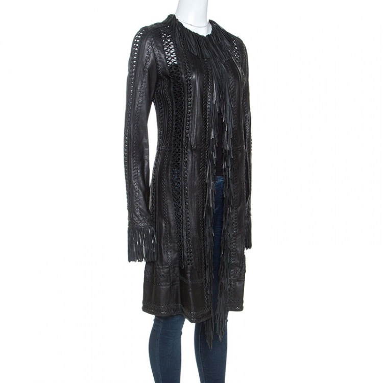 Pre Owned Gianni Versace Vintage Black Leather Fringe Overcoat S