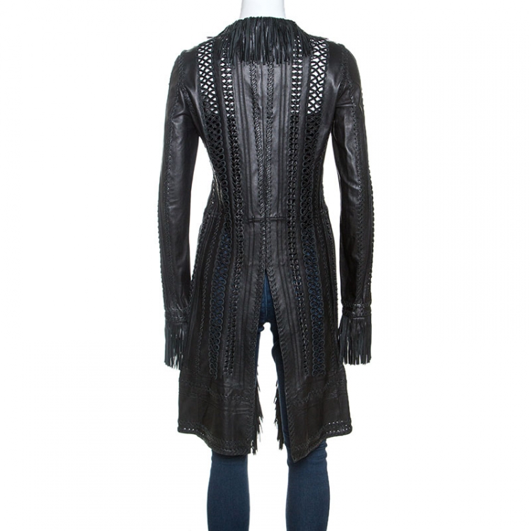Pre Owned Gianni Versace Vintage Black Leather Fringe Overcoat S