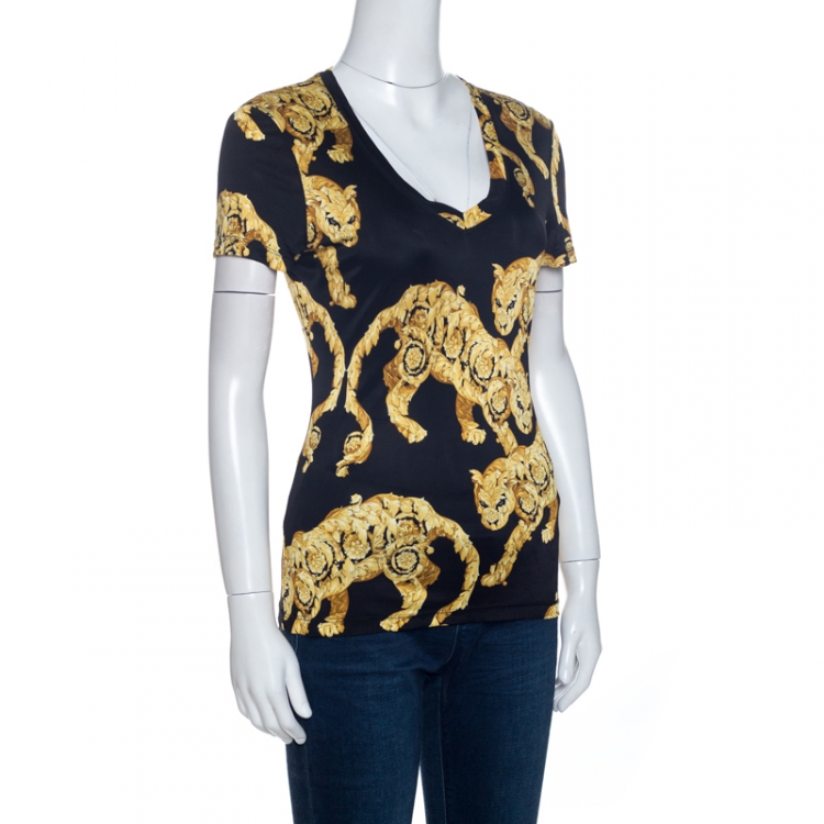 Pre Owned Versace Collection Bicolor Printed Knit V-Neck Top M