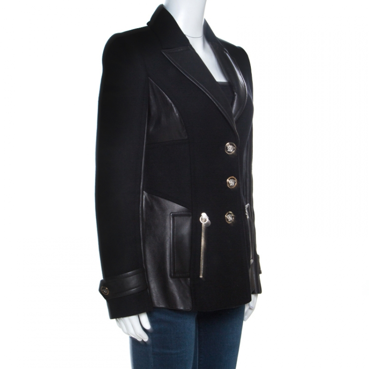 Pre Owned Versace Black Wool and Leather Patch Detail Tailored Jacket M