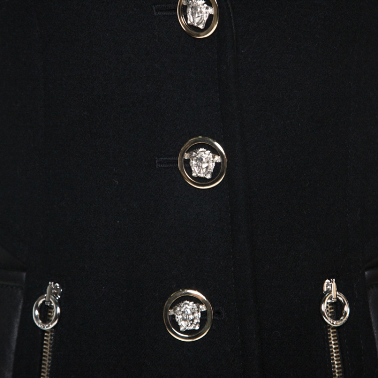 Pre Owned Versace Black Wool and Leather Patch Detail Tailored Jacket M