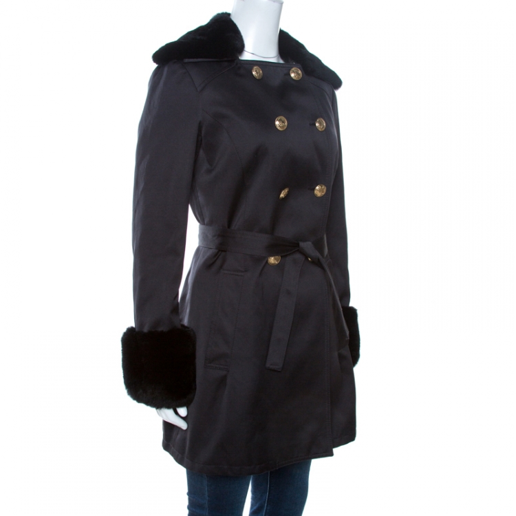 Pre Owned Versace Collection Black Rabbit Fur Trim Detail Coat M