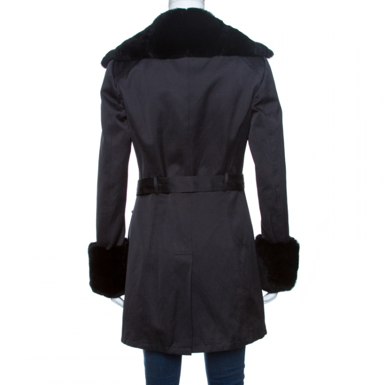 Pre Owned Versace Collection Black Rabbit Fur Trim Detail Coat M