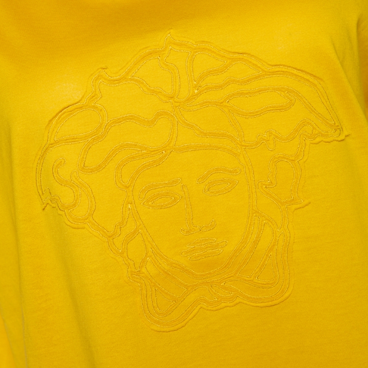 Pre Owned Versace Yellow Cotton Medusa Logo Applique Crew Neck T Shirt XL