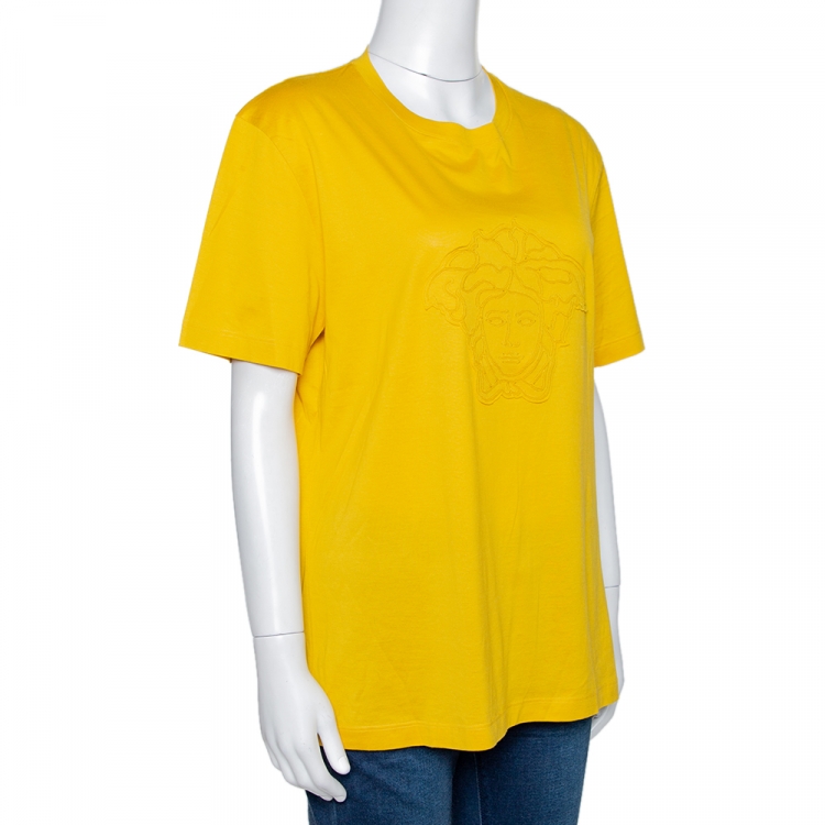 Pre Owned Versace Yellow Cotton Medusa Logo Applique Crew Neck T Shirt XL
