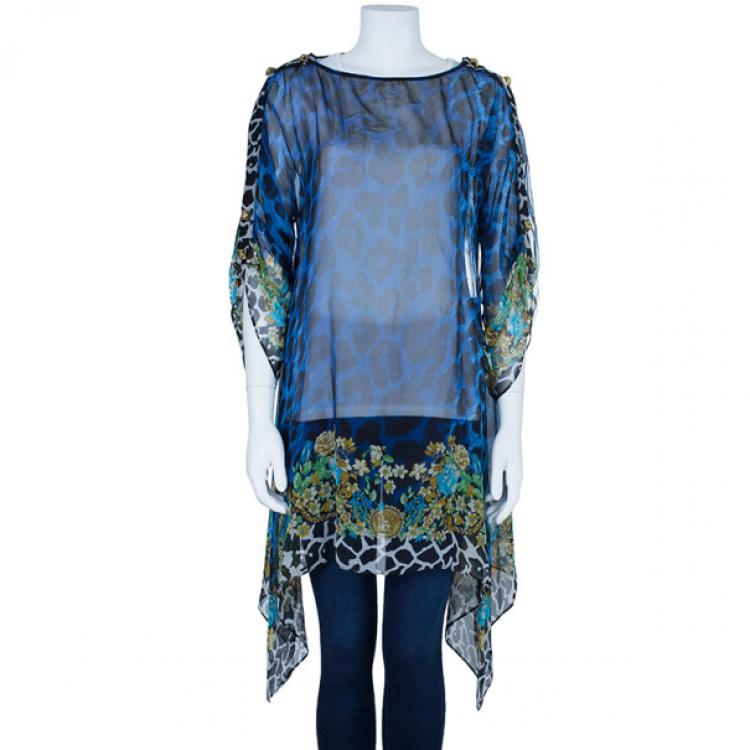 Pre Owned Versace Blue Animal Floral Silk Top M