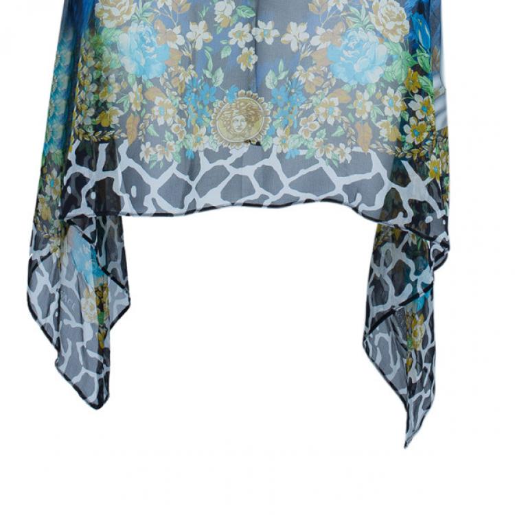 Pre Owned Versace Blue Animal Floral Silk Top M
