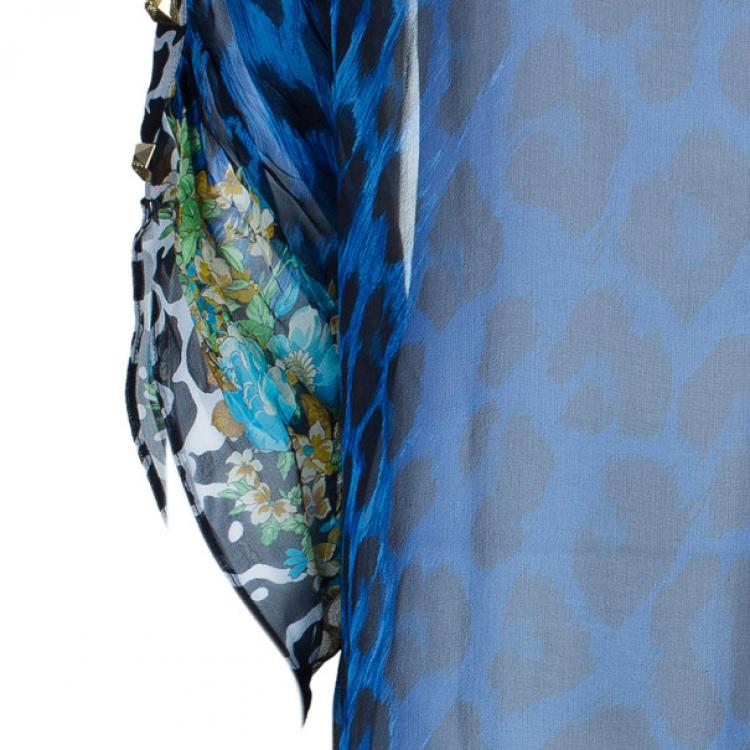 Pre Owned Versace Blue Animal Floral Silk Top M
